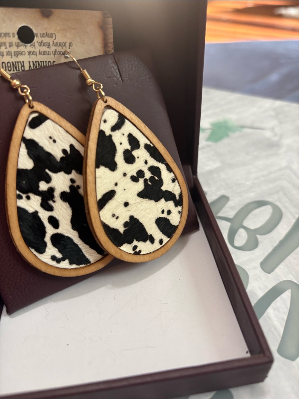 Johnny Ringo Black White Cowhide Wood Teardrop Earrings Western Boho
